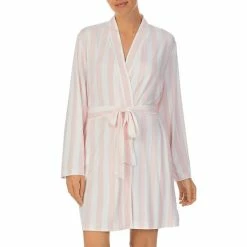 Buy 🎁 Kate Spade New York Stripe Print Long Sleeve Shawl Collar Jersey Knit Pocketed Tie Short Robe Pink Stripe 👍