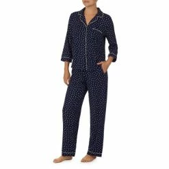 Discount 🧨 Kate Spade New York Lip Print 3/4 Sleeve Notch Collar Long Sleeve Knit Pajama Set Navy Print 🤩