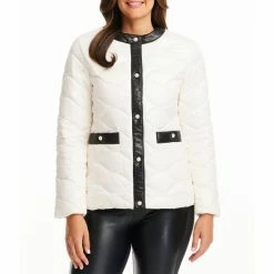Best Sale 👏 Kate Spade New York Horizontal Onion Quilted Crew Neck Long Sleeve Pearl Button Puffer Jacket Cream ⌛