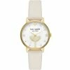 Hot Sale 😉 Kate Spade New York Metro Three-Hand Champagne White Leather ⌚ Watch Gold/white 🎁