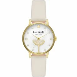 Hot Sale 😉 Kate Spade New York Metro Three-Hand Champagne White Leather ⌚ Watch Gold/white 🎁