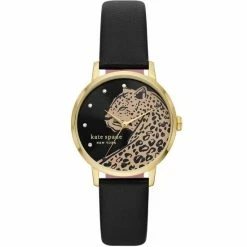 Cheapest 😀 Kate Spade New York 👩 Women's Metro Leopard Three-Hand Black Leather Strap ⌚ Watch 👏
