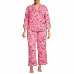 Discount β Kate Spade New York Plus Size Confetti Hearts Print Notch Collar 3/4 Sleeve Knit Pajama Set Pink/white π