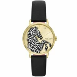 Hot Sale 💯 Kate Spade New York Metro Three-Hand Zebra Black Leather ⌚ Watch Black/gold 😉