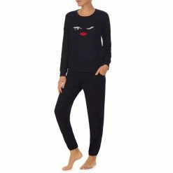 Buy 🔔 Kate Spade New York Sweater Knit Long Sleeve Crew Neck Winking Face Print Pajama Set Black 🎉