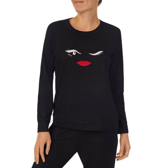 Buy π Kate Spade New York Sweater Knit Long Sleeve Crew Neck Winking Face Print Pajama Set Black π 4 Buy π Kate Spade New York Sweater Knit Long Sleeve Crew Neck Winking Face Print Pajama Set Black π - Image 4