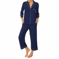 Hot Sale ✔️ Kate Spade New York Dot Printed 3/4 Sleeve Notch Collar Cropped Pajama Set Blue/white ❤️
