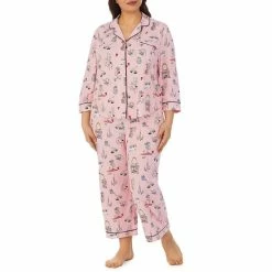 Hot Sale 🛒 Kate Spade New York Plus Size Printed 3/4 Sleeve Notch Collar Cropped Patch Pocket Pajama Set Pink/multi 🌟