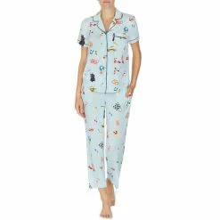 Flash Sale 🌟 Kate Spade New York Novelty Print Notch Collar Short Sleeve Knit Cropped Pajama Set Green/novelty ⭐