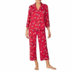 Promo ❤️ Kate Spade New York 👟 Shoe Print 3/4 Sleeve Notch Collar Button Front Cropped Pajama Set Red/print 🎁