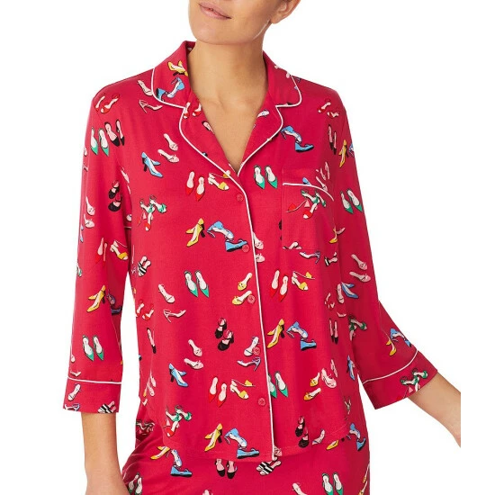 Promo β€οΈ Kate Spade New York π Shoe Print 3/4 Sleeve Notch Collar Button Front Cropped Pajama Set Red/print π 3 Promo β€οΈ Kate Spade New York π Shoe Print 3/4 Sleeve Notch Collar Button Front Cropped Pajama Set Red/print π - Image 3
