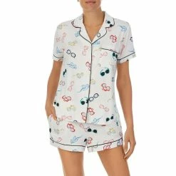 Promo ✨ Kate Spade New York Sunglass Print Short Sleeve Notch Collar Button Front Shorty Pajama Set White Multi 🥰
