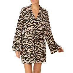 Hot Sale ⭐ Kate Spade New York Long Sleeve Zebra Print Shawl Collar Sweater Knit Short Cozy Robe Brown Print 🔔