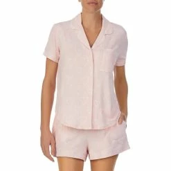 Cheap π Kate Spade New York Heart Print Short Sleeve Notch Collar Button Front Shorty Pajama Set Pink β