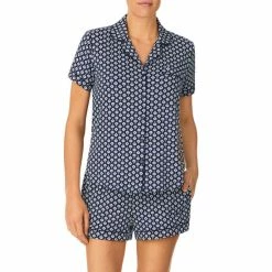 Hot Sale 👏 Kate Spade New York Printed Short Sleeve Notch Collar Cozy Jersey Shorty Pajama Set Navy Print 🎁