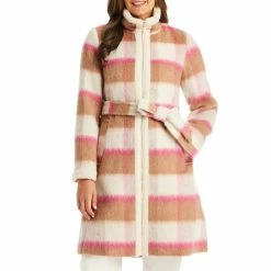 Hot Sale 🥰 Kate Spade New York Plaid Print Faux Fur Belted Stand Collar Long Sleeve Wool Blend 🧥 Coat Buffalo Plaid 😍