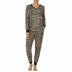 Best Sale 😀 Kate Spade New York Animal Print Jersey Knit Long Sleeve Scoop Neck Pajama Set Brown Animal 😀