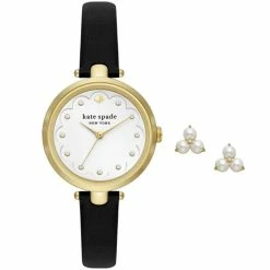 Cheap 🛒 Kate Spade New York 👩 Women's Holland Three-Hand Black Leather Strap ⌚ Watch And Stud Earrings Set ❤️