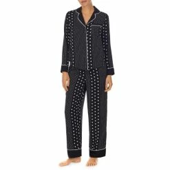 Cheap π Kate Spade New York Long Sleeve Notch Collar Satin Striped Ankle Pajama Set Black/stripe π