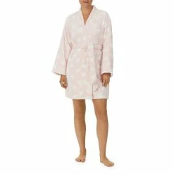 Best Sale 🛒 Kate Spade New York Chenille Geometric Heart Print Plush Long Sleeve Tie Front Cozy Short Wrap Robe Pink/heart ❤️