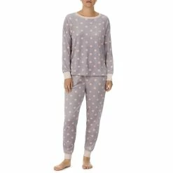 Deals 😉 Kate Spade New York Dotted Print Long Sleeve Round Neck Velour Pajama Set Grey Dot 🌟