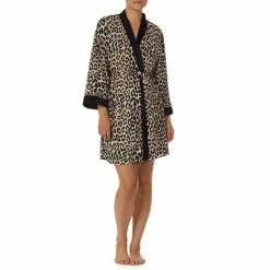 Best Pirce 🌟 Kate Spade New York Animal Print Long Sleeve Shawl Collar Neck Short Robe Brown Animal ⌛